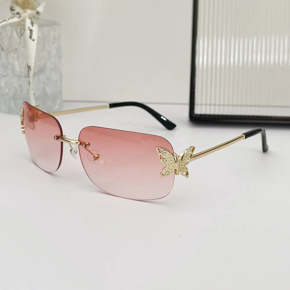 Y2K Rimless Butterfly Square Sunglasses Women For Men Vintage Sun Glasses Luxury Brand Designer Steampunk Pink Eyeglasses UV400