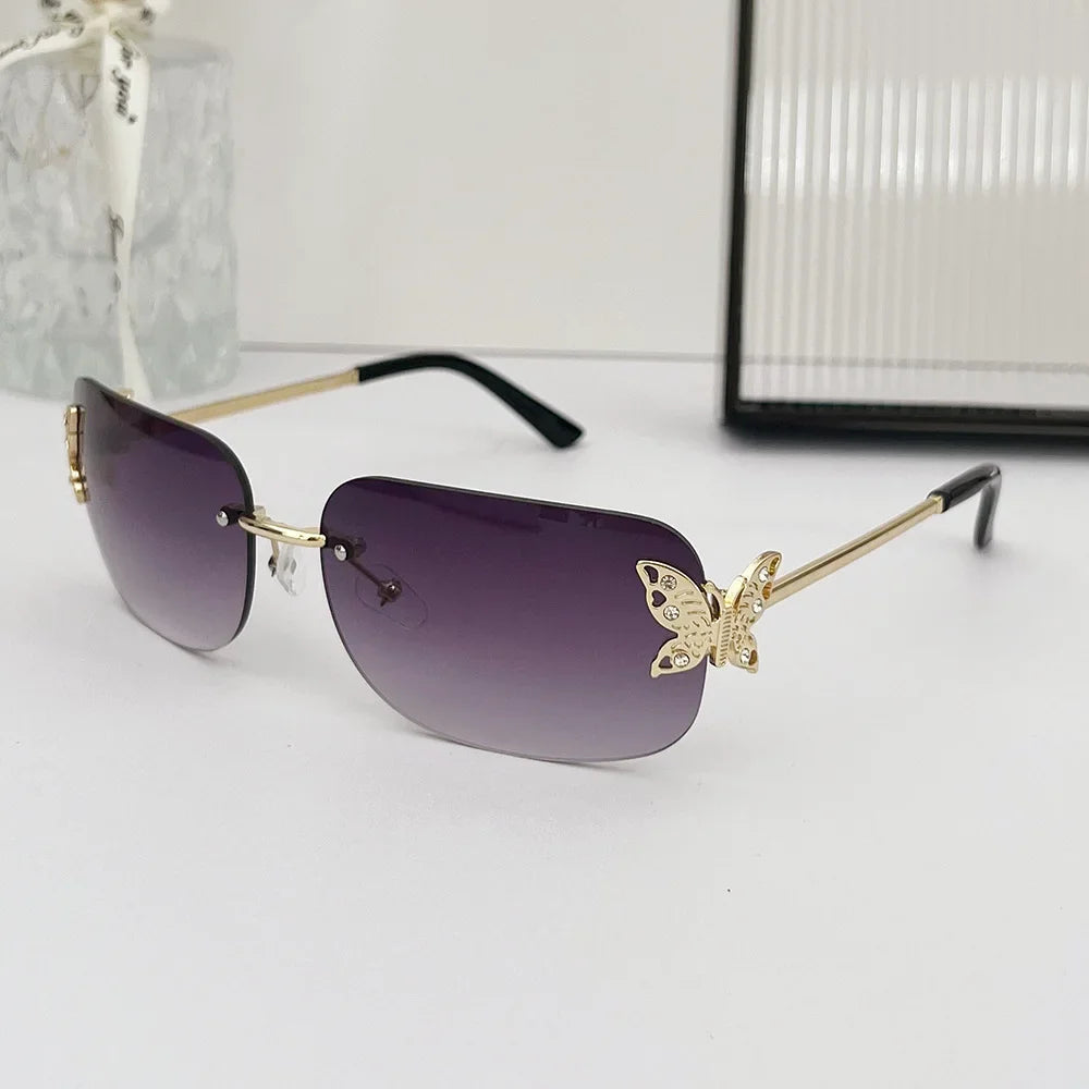 Y2K Rimless Butterfly Square Sunglasses Women For Men Vintage Sun Glasses Luxury Brand Designer Steampunk Pink Eyeglasses UV400