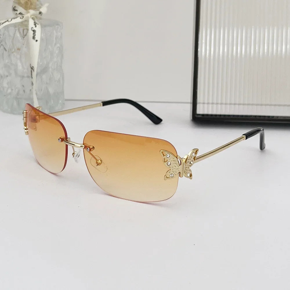 Y2K Rimless Butterfly Square Sunglasses Women For Men Vintage Sun Glasses Luxury Brand Designer Steampunk Pink Eyeglasses UV400