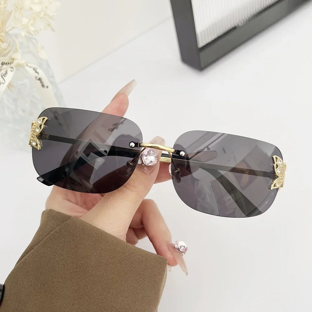 Y2K Rimless Butterfly Square Sunglasses Women For Men Vintage Sun Glasses Luxury Brand Designer Steampunk Pink Eyeglasses UV400