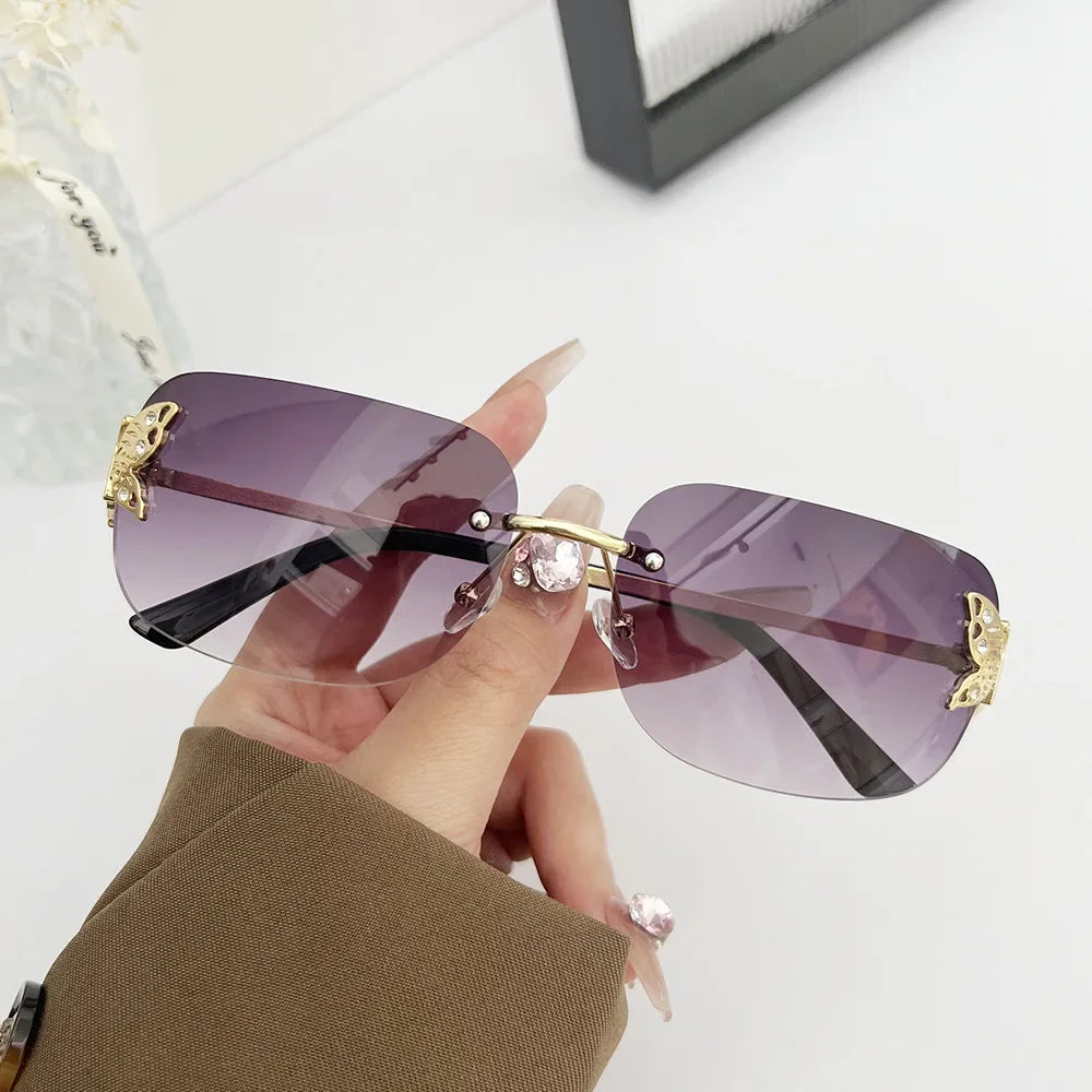 Y2K Rimless Butterfly Square Sunglasses Women For Men Vintage Sun Glasses Luxury Brand Designer Steampunk Pink Eyeglasses UV400