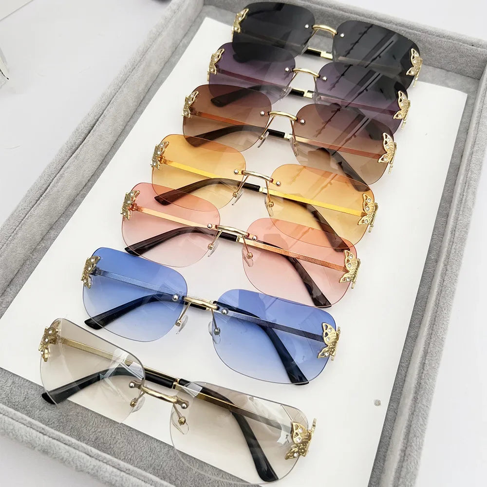 Y2K Rimless Butterfly Square Sunglasses Women For Men Vintage Sun Glasses Luxury Brand Designer Steampunk Pink Eyeglasses UV400