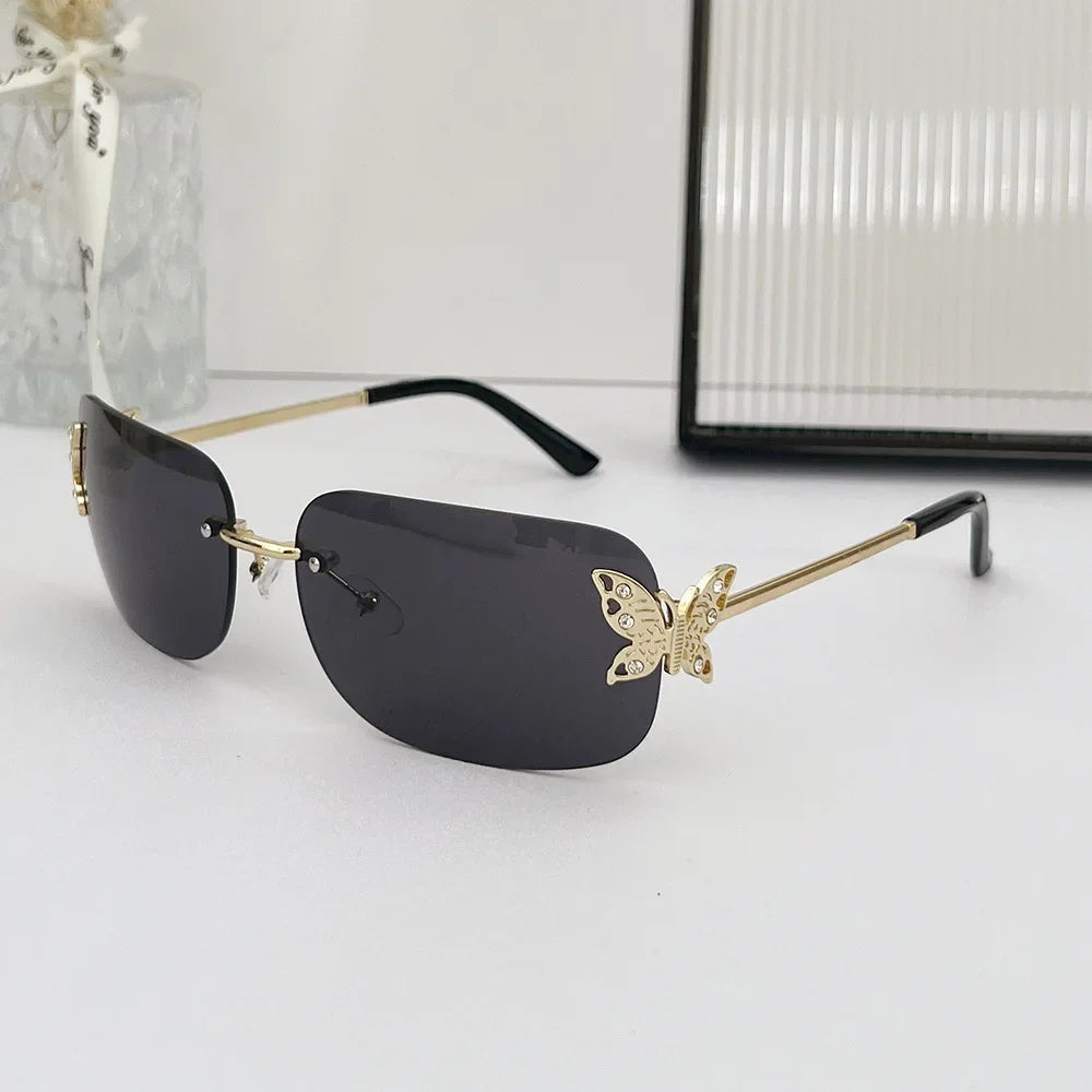 Y2K Rimless Butterfly Square Sunglasses Women For Men Vintage Sun Glasses Luxury Brand Designer Steampunk Pink Eyeglasses UV400