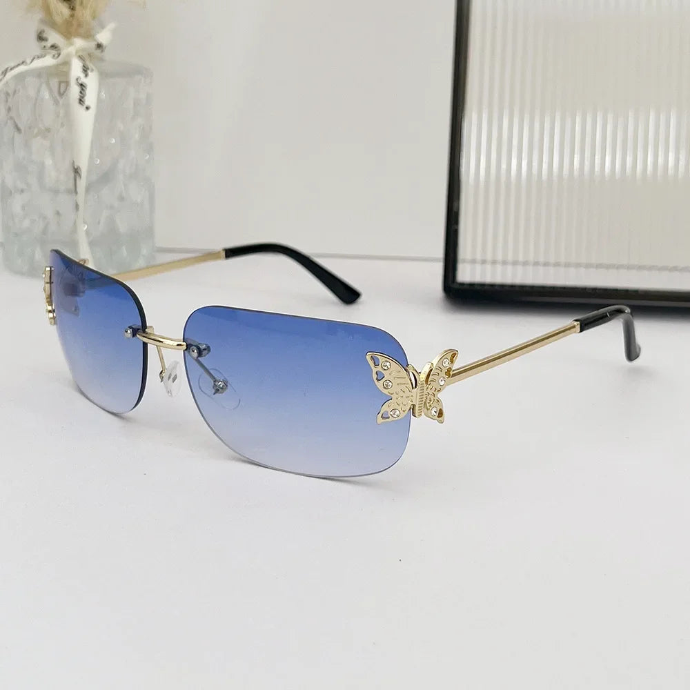 Y2K Rimless Butterfly Square Sunglasses Women For Men Vintage Sun Glasses Luxury Brand Designer Steampunk Pink Eyeglasses UV400