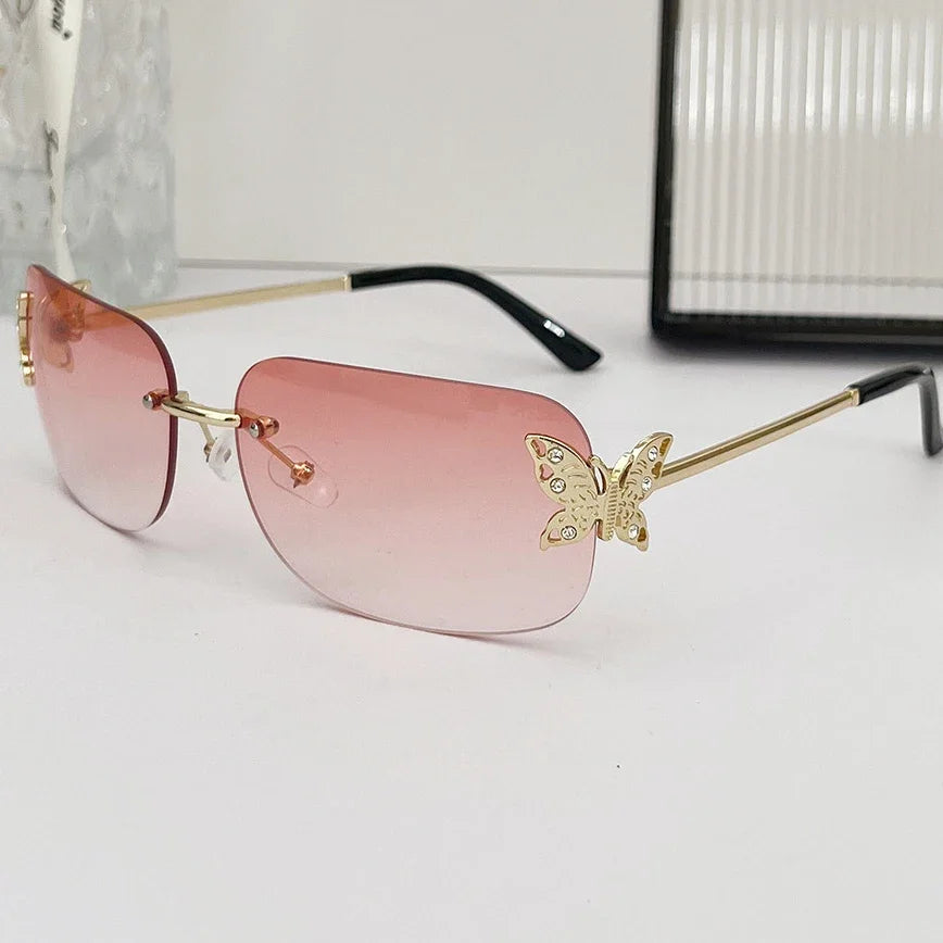 Y2K Rimless Butterfly Square Sunglasses Women For Men Vintage Sun Glasses Luxury Brand Designer Steampunk Pink Eyeglasses UV400