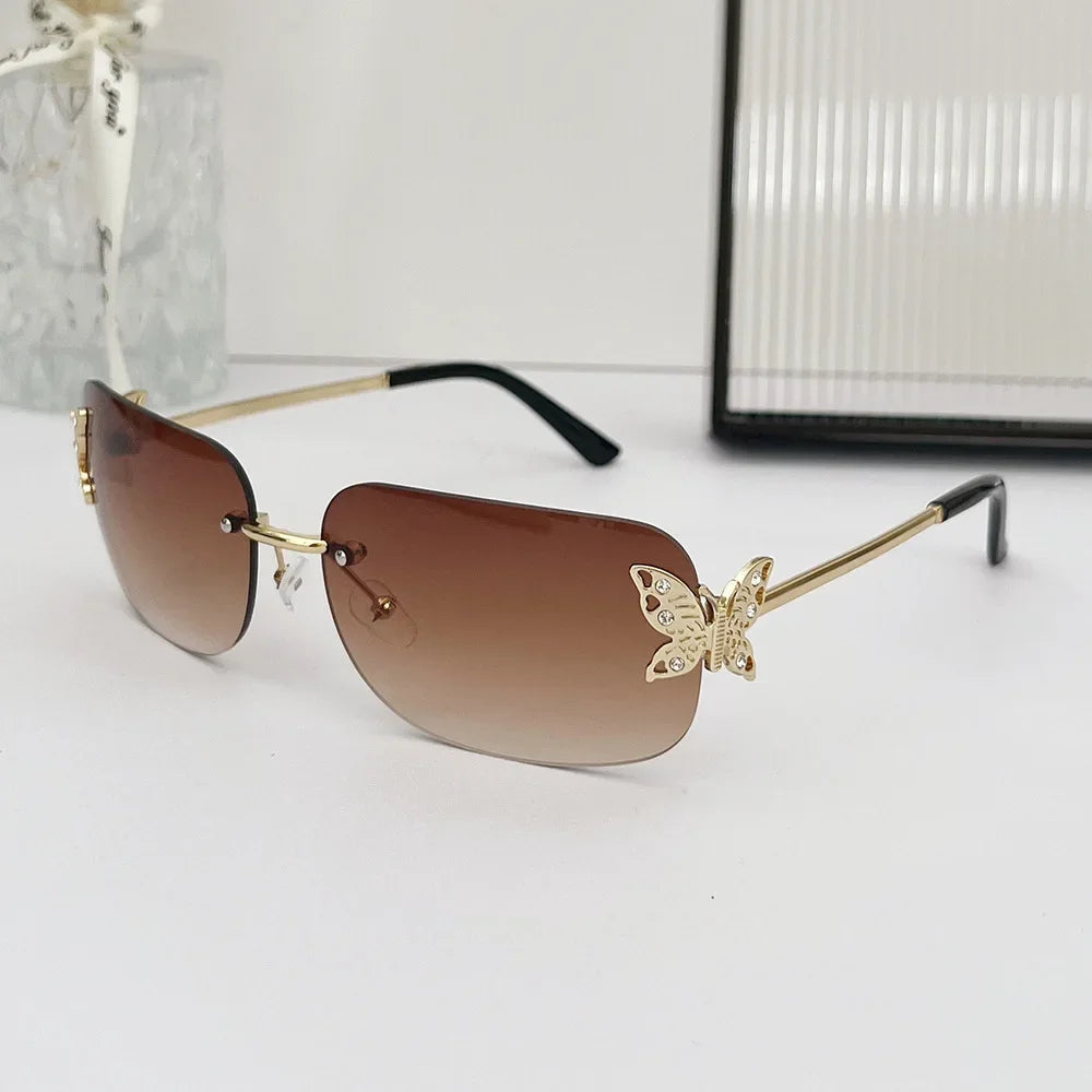 Y2K Rimless Butterfly Square Sunglasses Women For Men Vintage Sun Glasses Luxury Brand Designer Steampunk Pink Eyeglasses UV400