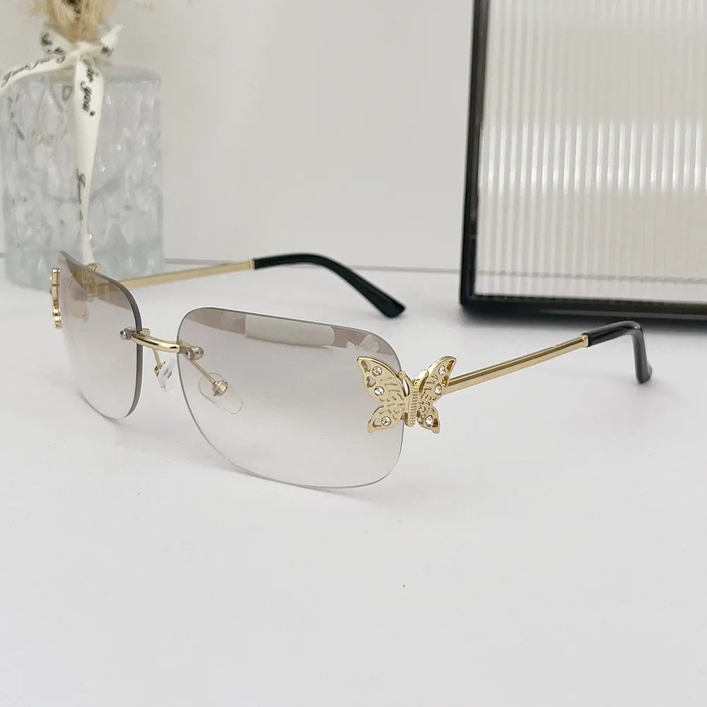 Y2K Rimless Butterfly Square Sunglasses Women For Men Vintage Sun Glasses Luxury Brand Designer Steampunk Pink Eyeglasses UV400